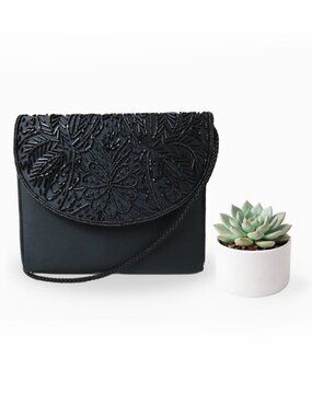 Black Beaded Satin Crossbody Evening Bag Clutch